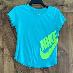 Nike Tee Athletic Cut TShirt Turquoise Neon Green Swoosh Girls XL